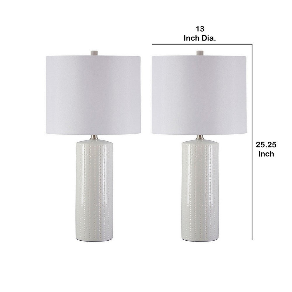 Carved Ceramic Base Table Lamp with Drum Shade, Set of 2, White - BM230953