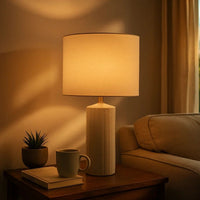 Carved Ceramic Base Table Lamp with Drum Shade, Set of 2, White - BM230953