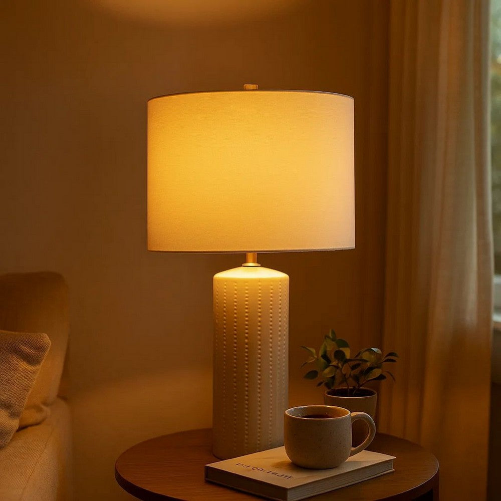 Carved Ceramic Base Table Lamp with Drum Shade, Set of 2, White - BM230953