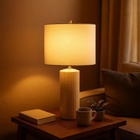 Carved Ceramic Base Table Lamp with Drum Shade, Set of 2, White - BM230953