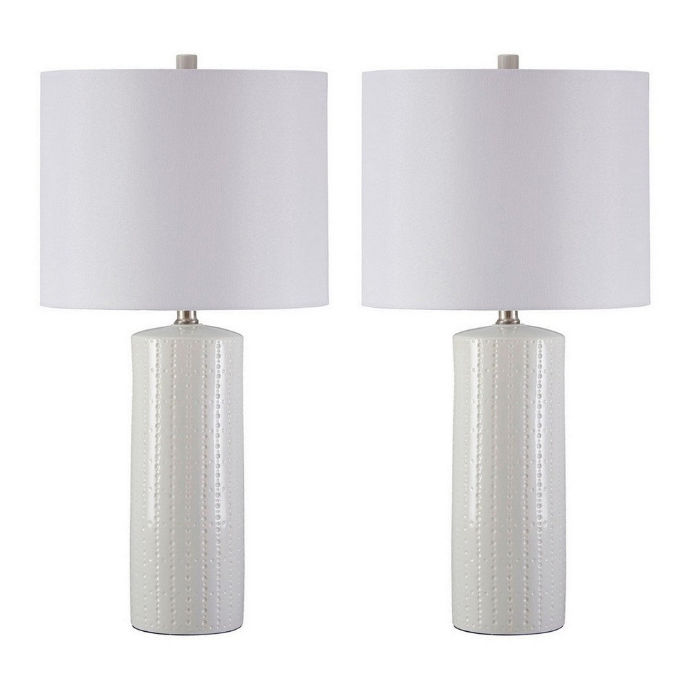 Carved Ceramic Base Table Lamp with Drum Shade, Set of 2, White - BM230953
