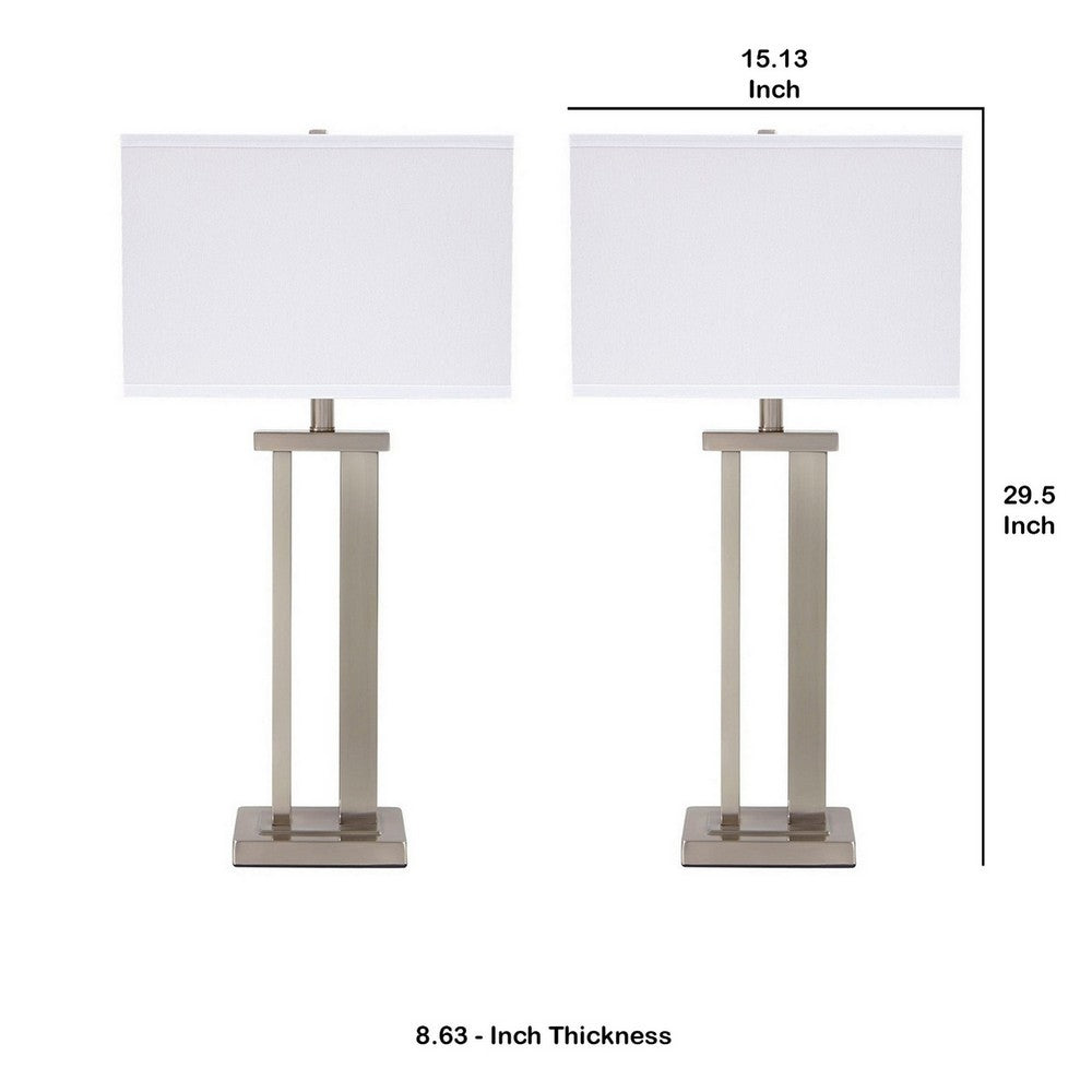 Metal Frame Table Lamp with Hardback Shade, Set of 2, White and Silver - BM230954