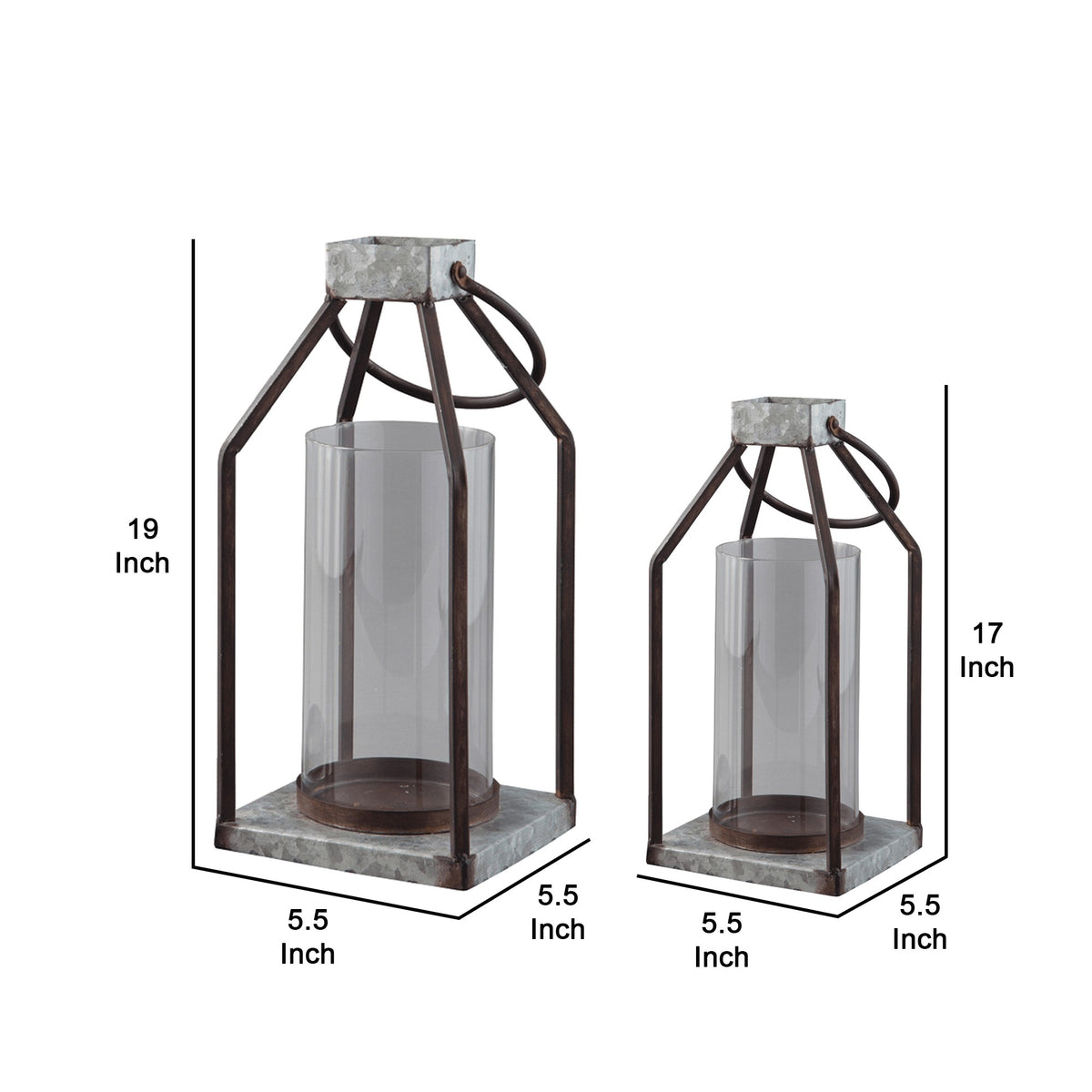 Geometric Lantern with Glass Hurricane, Set of 2, Black and Gray - BM230988