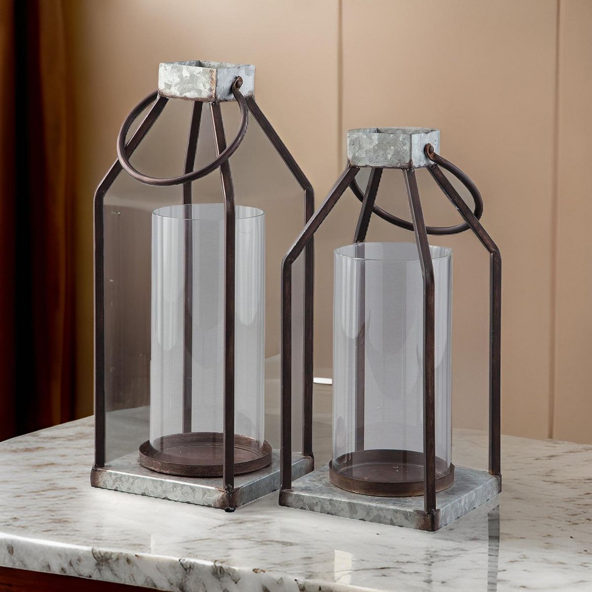 Geometric Lantern with Glass Hurricane, Set of 2, Black and Gray - BM230988