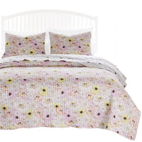 Milan 3 Piece Microfiber Blooming Flower Pattern Queen Quilt Set, White and Pink - BM231048