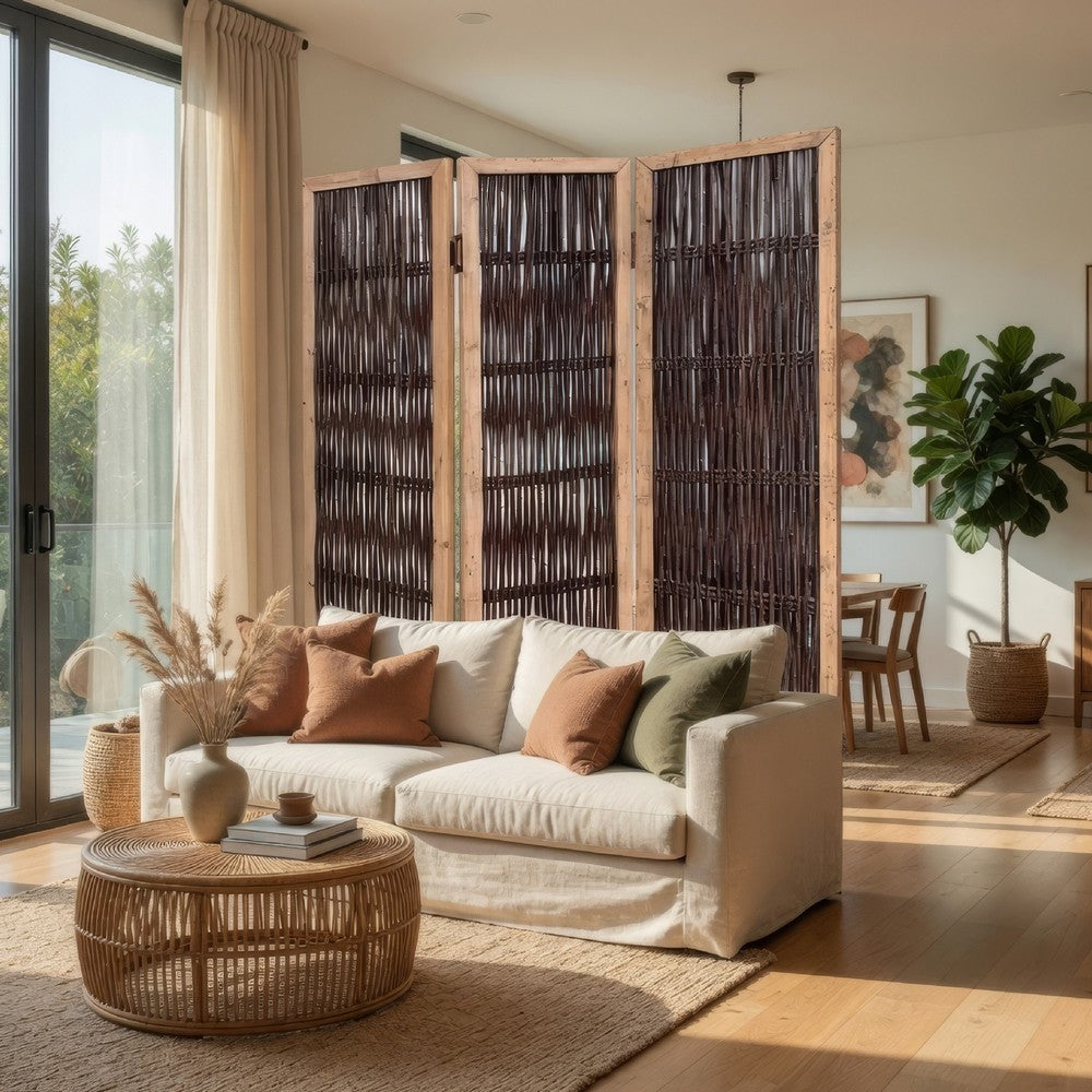71 Inch 3 Panel Interconnected Branches Room Divider, Brown - BM231301
