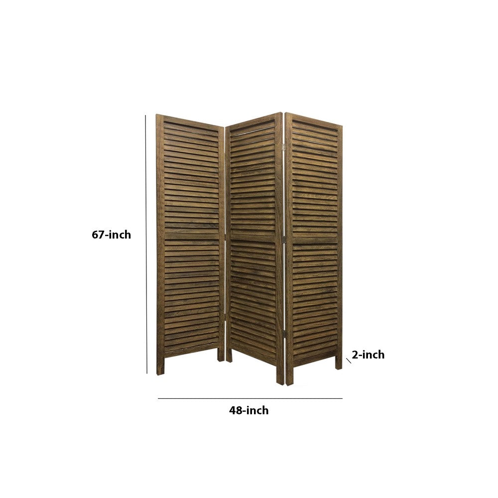 67 Inch 3 Panel Shutter Screen with Fitted Slats, Brown - BM231304