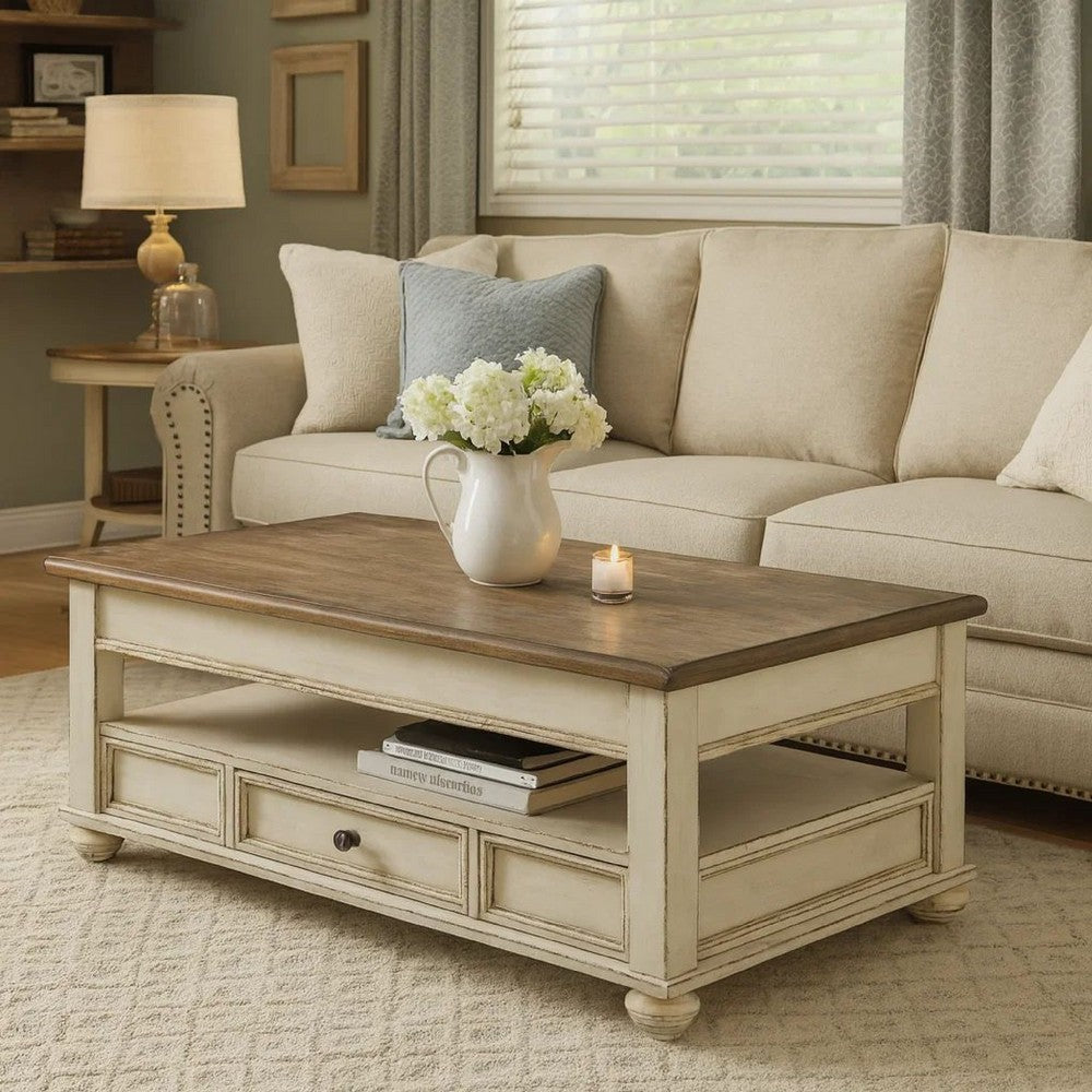 18 Inch Lift Top Two Tone Wooden Cocktail Table, White and Brown - BM231367