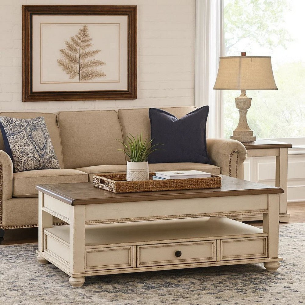 18 Inch Lift Top Two Tone Wooden Cocktail Table, White and Brown - BM231367