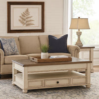 18 Inch Lift Top Two Tone Wooden Cocktail Table, White and Brown - BM231367