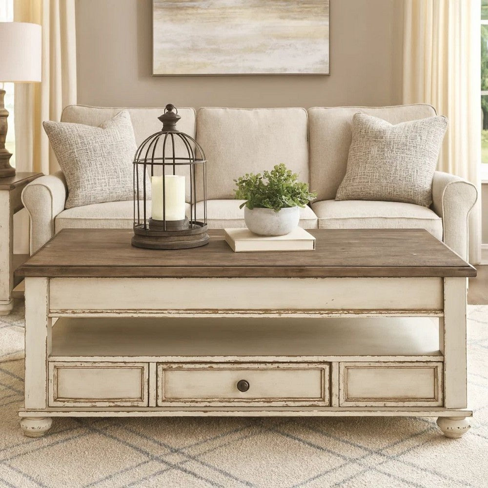 18 Inch Lift Top Two Tone Wooden Cocktail Table, White and Brown - BM231367