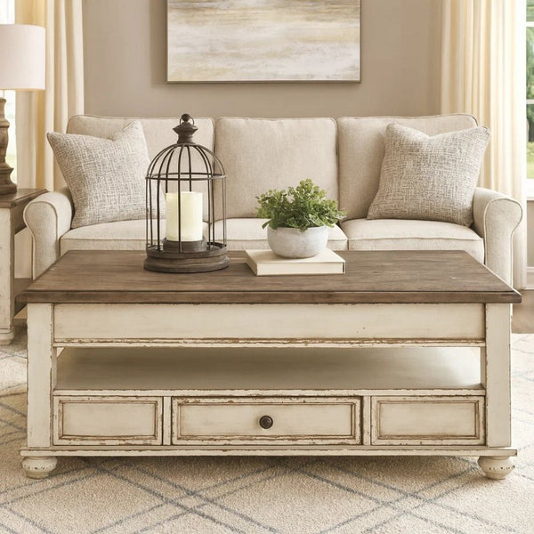 18 Inch Lift Top Two Tone Wooden Cocktail Table, White and Brown - BM231367