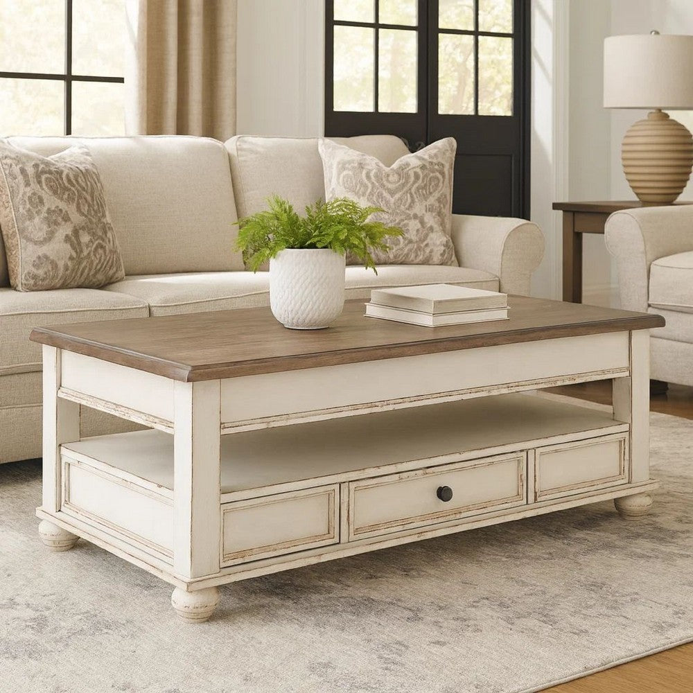 18 Inch Lift Top Two Tone Wooden Cocktail Table, White and Brown - BM231367