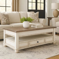 18 Inch Lift Top Two Tone Wooden Cocktail Table, White and Brown - BM231367