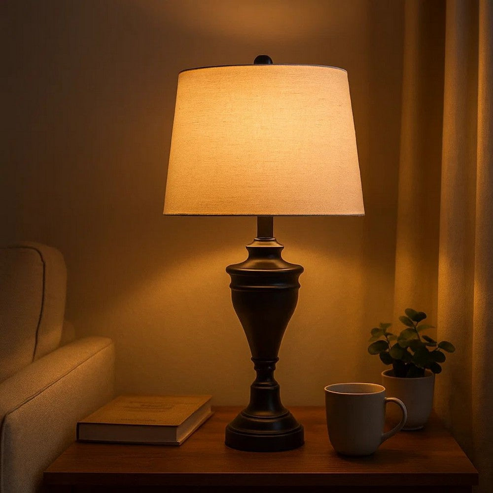 Metal Table Lamp with Turned Pedestal Base, Set of 2, Bronze - BM231406