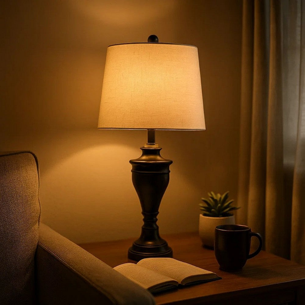 Metal Table Lamp with Turned Pedestal Base, Set of 2, Bronze - BM231406