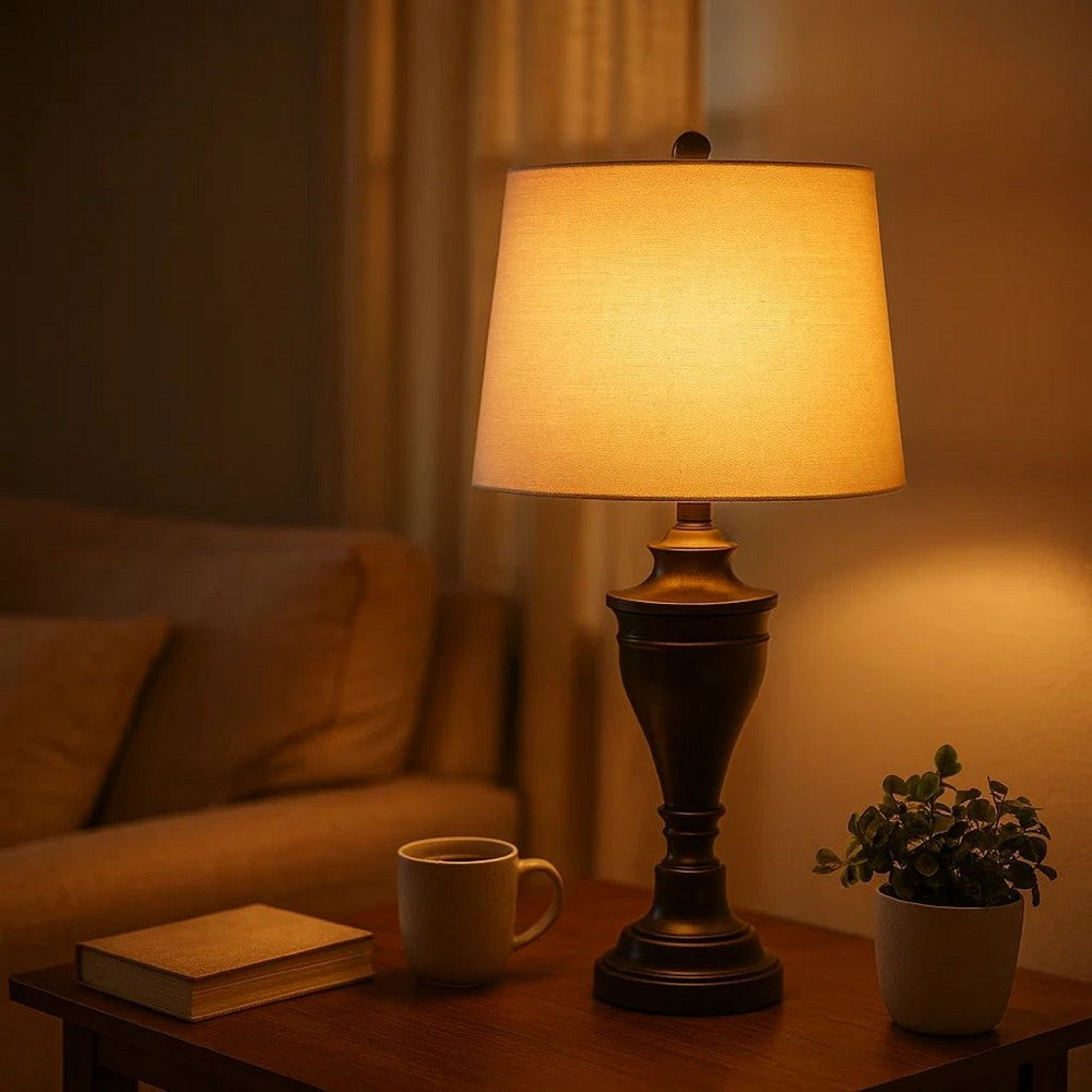 Metal Table Lamp with Turned Pedestal Base, Set of 2, Bronze - BM231406