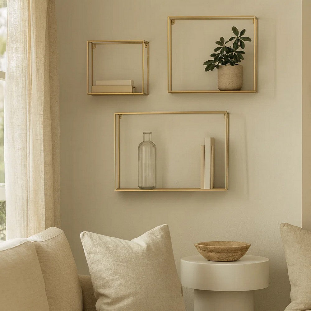 Metal Frame Wall Shelf with Keyhole Hanger, Set of 3, Gold - BM231417