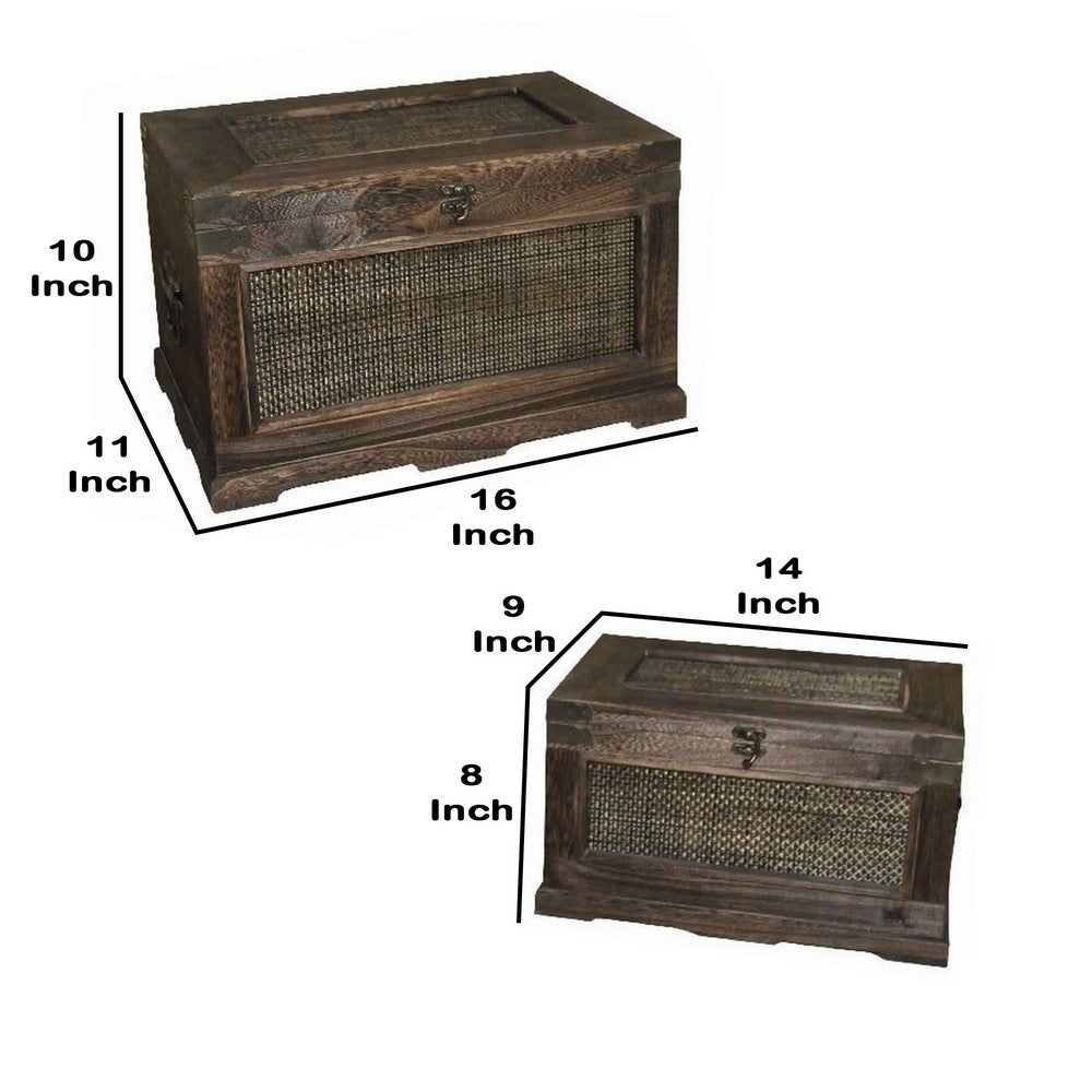 Traditional Wooden Storage Box with Metal Mesh Design, Set of 2, Brown - BM231483