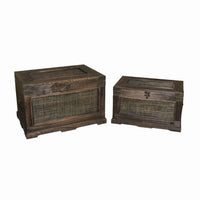 Traditional Wooden Storage Box with Metal Mesh Design, Set of 2, Brown - BM231483