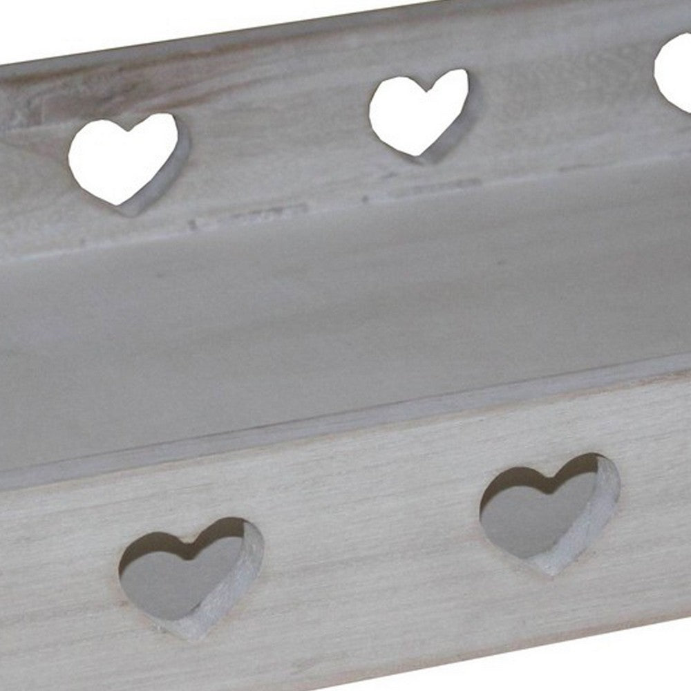 Farmhouse Style Rectangular Tray with Heart Shape Cutouts, Whitewashed - BM231486