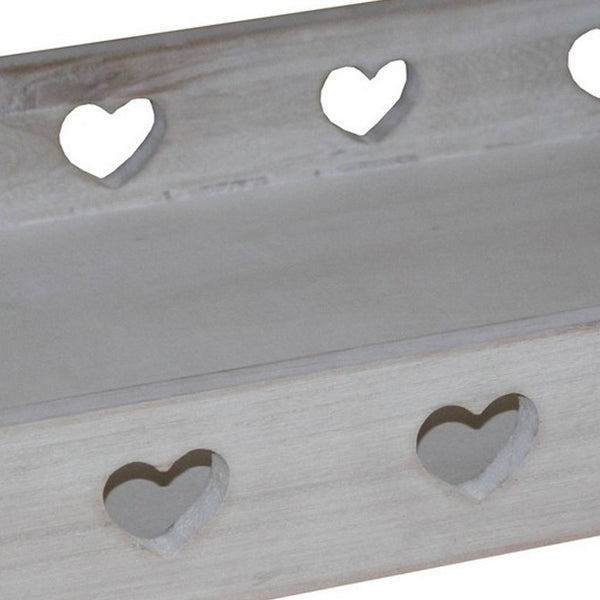 Farmhouse Style Rectangular Tray with Heart Shape Cutouts, Whitewashed - BM231486