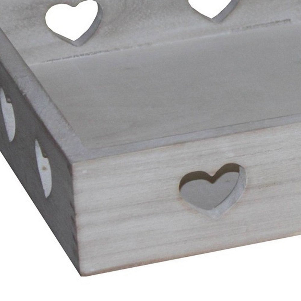 Farmhouse Style Rectangular Tray with Heart Shape Cutouts, Whitewashed - BM231486