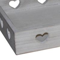 Farmhouse Style Rectangular Tray with Heart Shape Cutouts, Whitewashed - BM231486