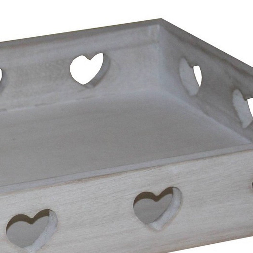 Farmhouse Style Rectangular Tray with Heart Shape Cutouts, Whitewashed - BM231486