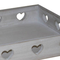 Farmhouse Style Rectangular Tray with Heart Shape Cutouts, Whitewashed - BM231486