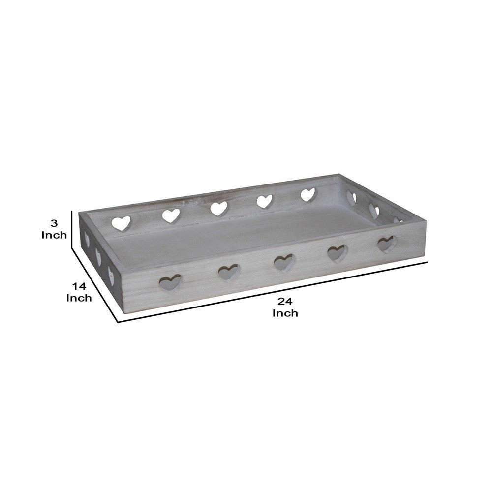 Farmhouse Style Rectangular Tray with Heart Shape Cutouts, Whitewashed - BM231486