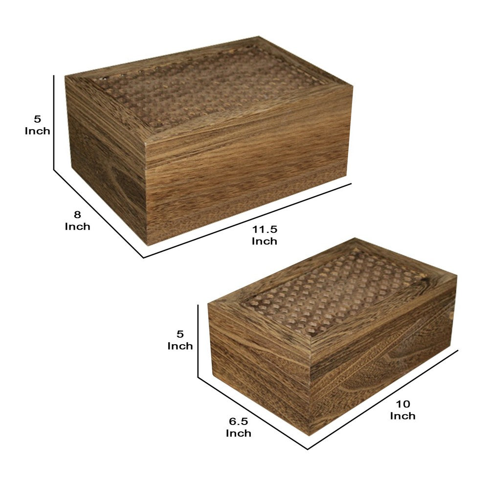 Wooden Storage Box with Intricately Carved Lidded Top, Set of 2, Brown - BM231487