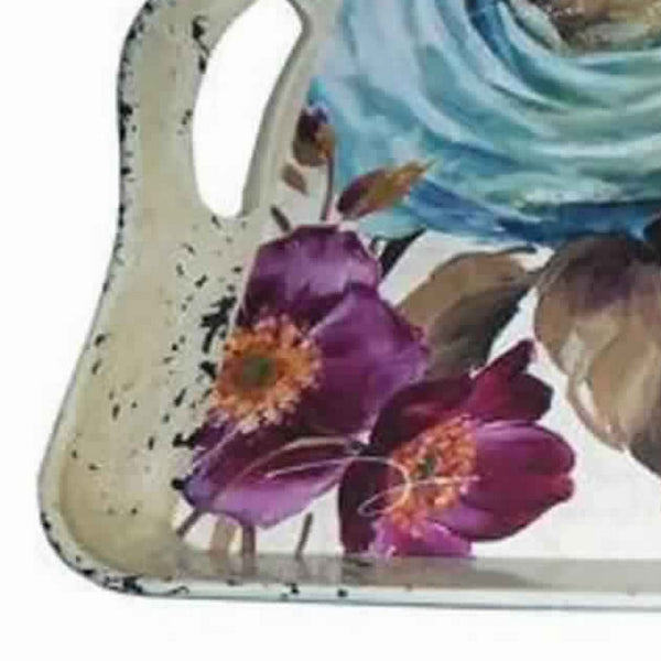 Distressed Metal Serving Tray with Elegant Rose Flower Artwork, Multicolor - BM231492