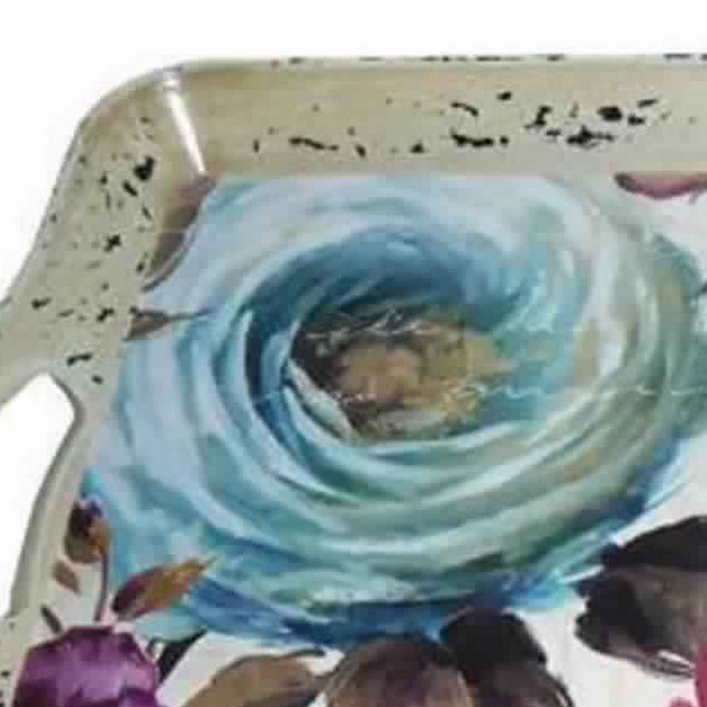 Distressed Metal Serving Tray with Elegant Rose Flower Artwork, Multicolor - BM231492