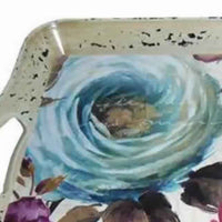 Distressed Metal Serving Tray with Elegant Rose Flower Artwork, Multicolor - BM231492