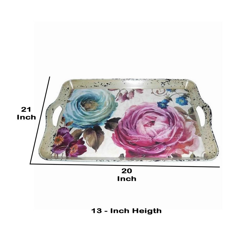 Distressed Metal Serving Tray with Elegant Rose Flower Artwork, Multicolor - BM231492