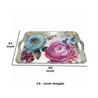 Distressed Metal Serving Tray with Elegant Rose Flower Artwork, Multicolor - BM231492