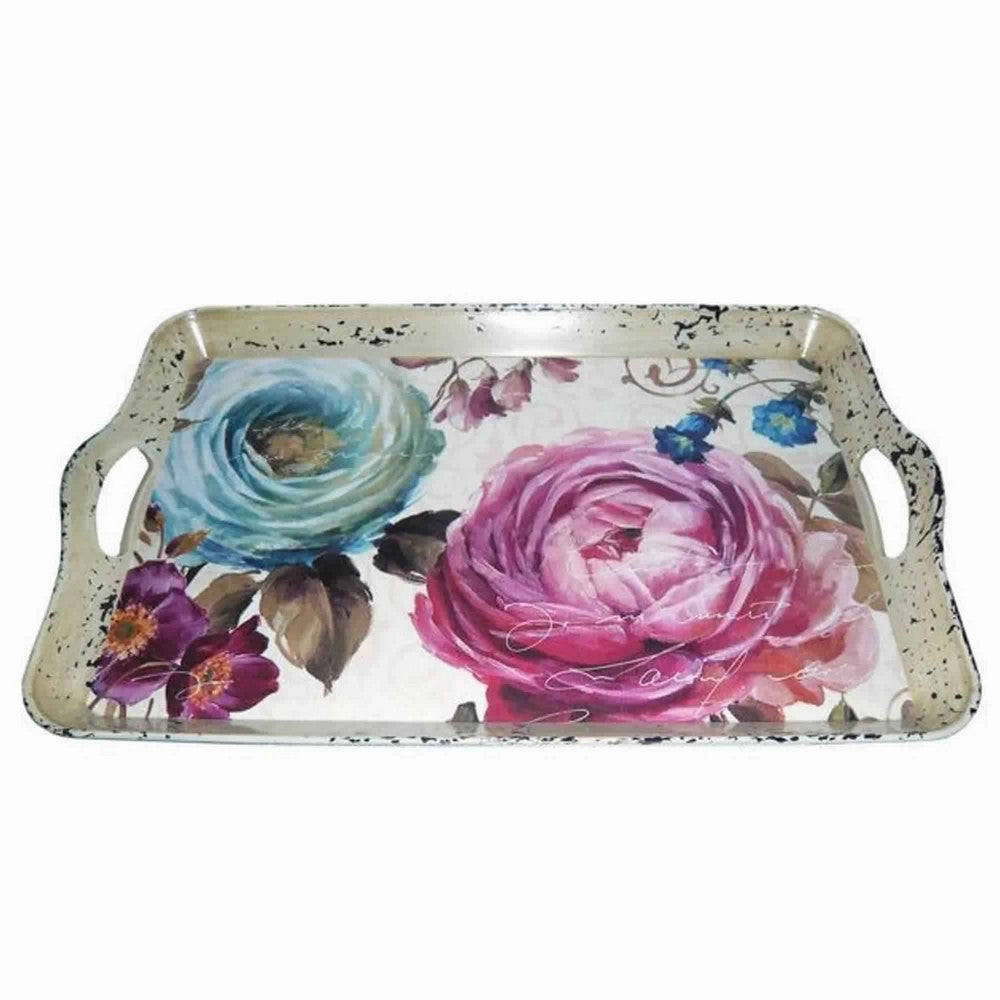 Distressed Metal Serving Tray with Elegant Rose Flower Artwork, Multicolor - BM231492