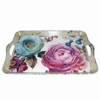 Distressed Metal Serving Tray with Elegant Rose Flower Artwork, Multicolor - BM231492