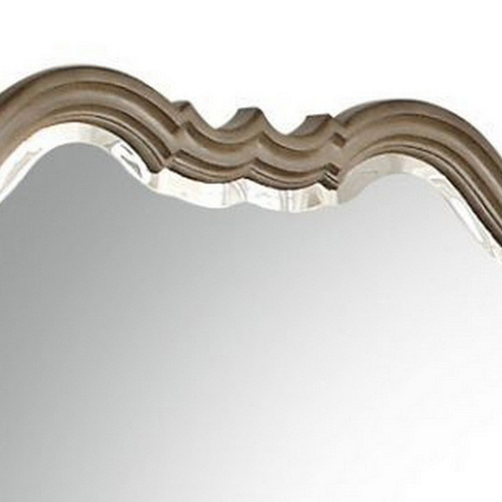 Wooden Molded Frame Mirror with Scalloped Design Top, Taupe Brown - BM231656
