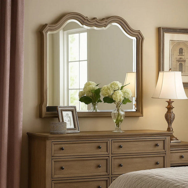Wooden Molded Frame Mirror with Scalloped Design Top, Taupe Brown - BM231656