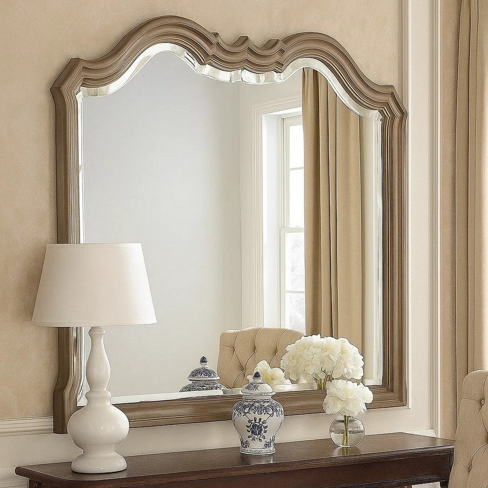 Wooden Molded Frame Mirror with Scalloped Design Top, Taupe Brown - BM231656