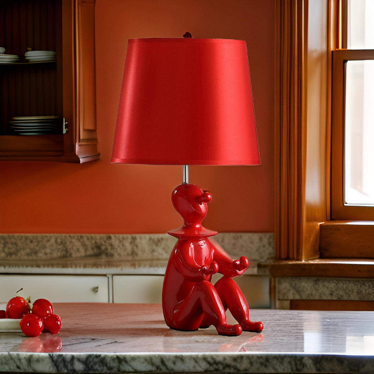 Fabric Shade Table Lamp with Polyresin Sitting Clown Base, Red  - BM231809