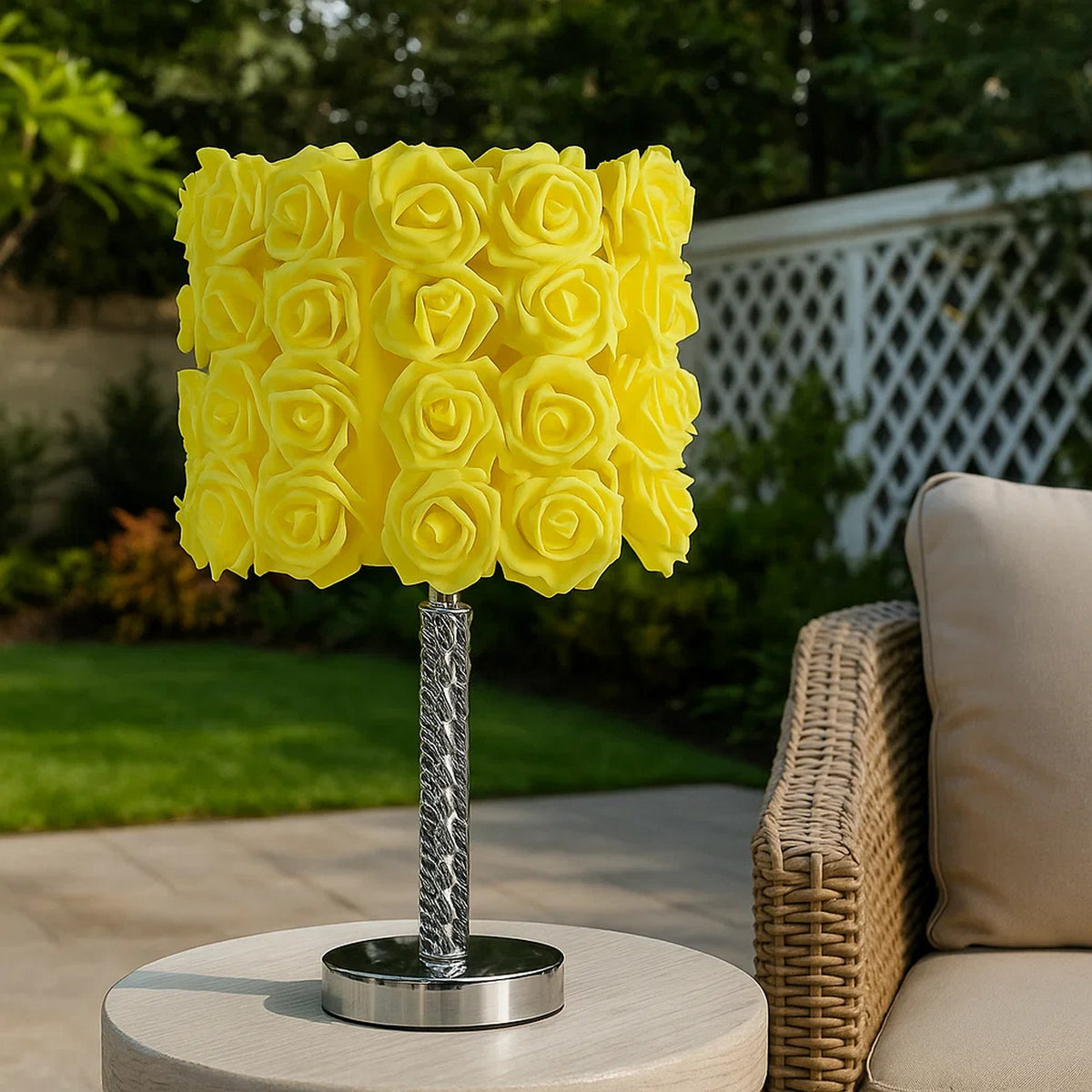 Bloom Roses Drum Shade Table Lamp with Twisted Acrylic Base, Yellow  - BM231813