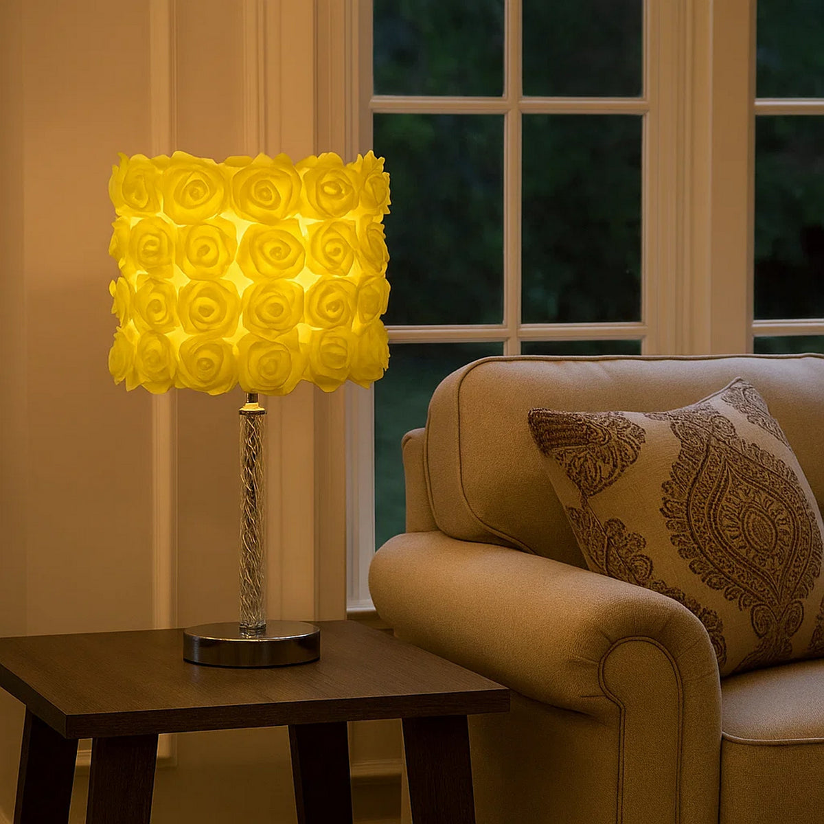 Bloom Roses Drum Shade Table Lamp with Twisted Acrylic Base, Yellow  - BM231813