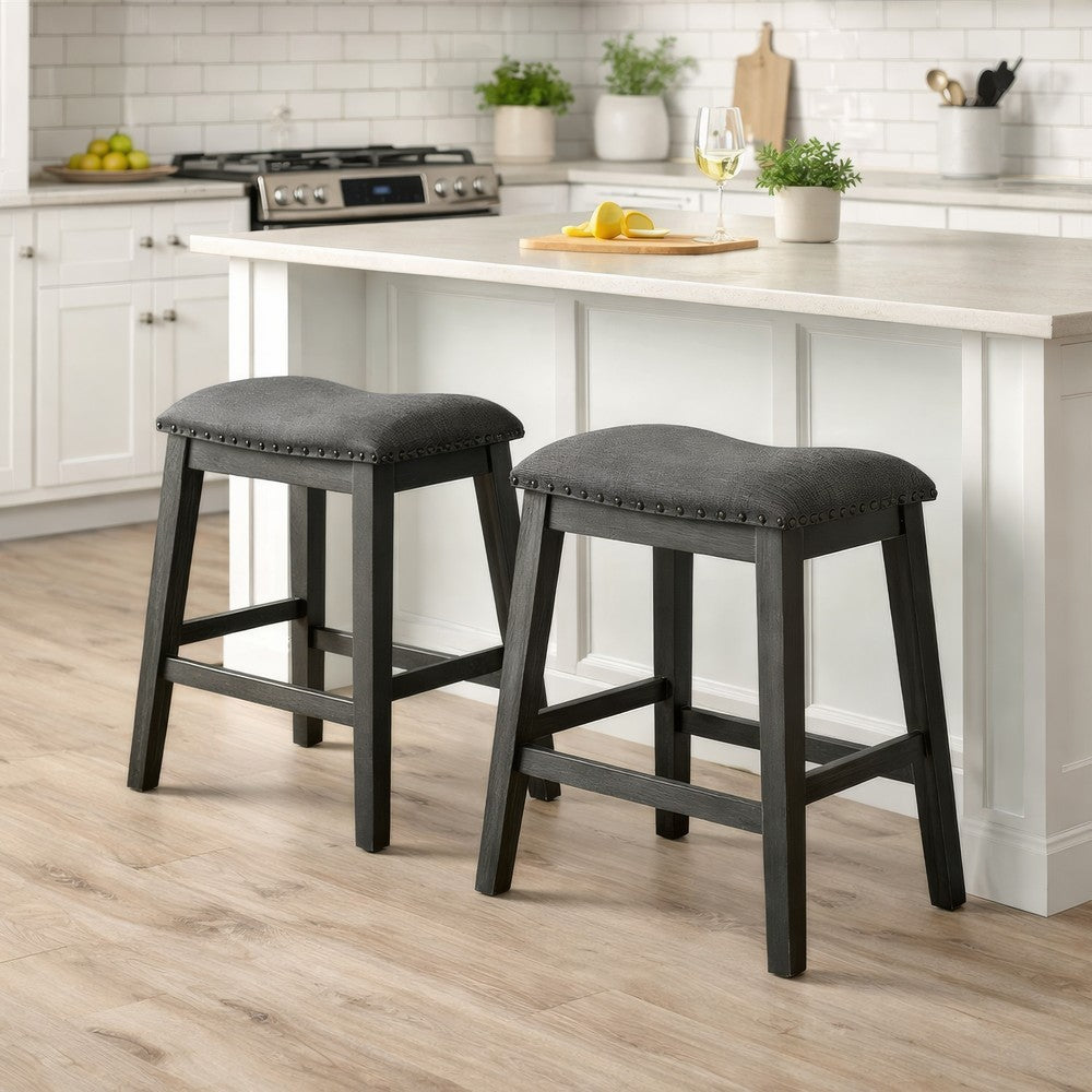 Fabric Saddle Counter Stool with Nailhead Trim, Set of 2, Gray - BM231841