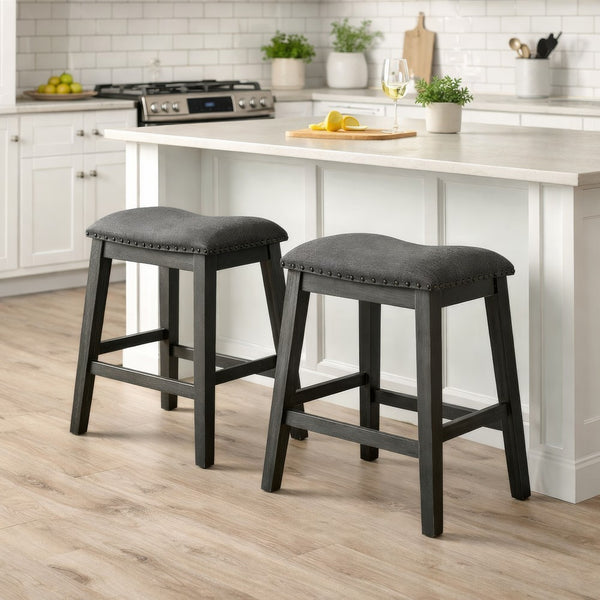Fabric Saddle Counter Stool with Nailhead Trim, Set of 2, Gray - BM231841