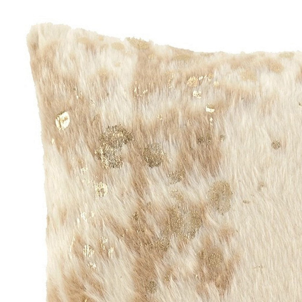 Faux Fur Pillow with Zipper Closure, Set of 4, Cream and Gold By Casagear Home