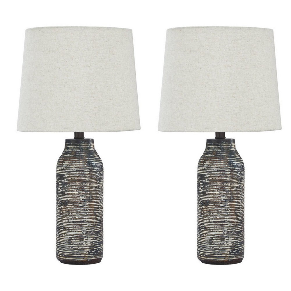 Fabric Shade Table Lamp with Textured Base, Set of 2, White and Black - BM231949