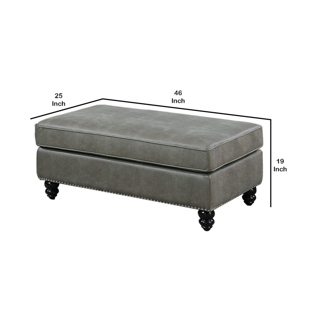 Leatherette Ottoman with Nailhead Trim and Turned Feet, Gray - BM231976